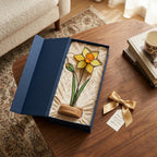 Handcrafted flat stained glass birth month flowers standing on personalized wooden bases, casting colorful light reflections. Perfect Mother's Day or birthday gift.