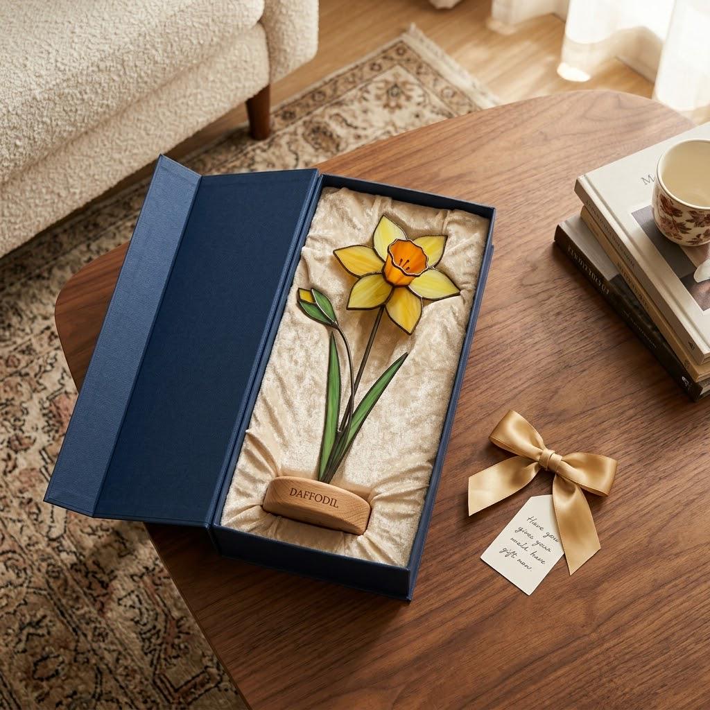 Handcrafted 2D flat stained glass birth month flower suncatcher standing on a custom engraved wooden base, perfect for office desk decor or a personalized birthday gift for women.