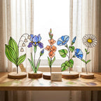 Handcrafted 2D flat stained glass birth month flower suncatcher standing on a custom engraved wooden base, perfect for office desk decor or a personalized birthday gift for women.