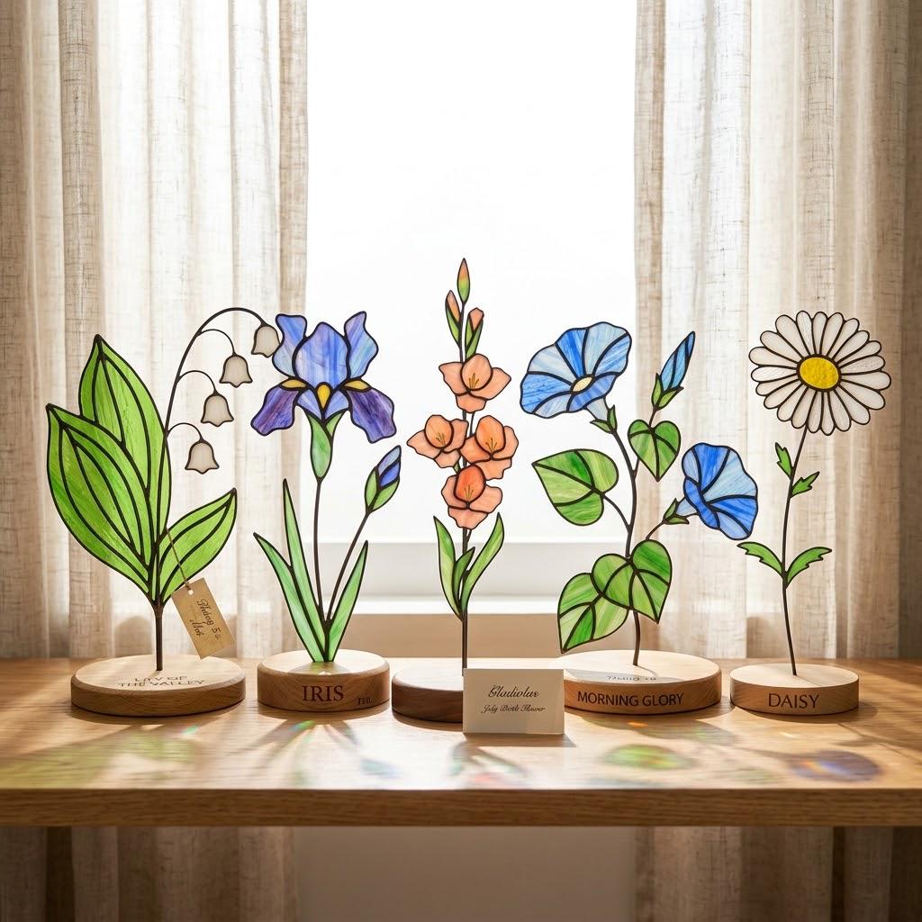Handcrafted 2D flat stained glass birth month flower suncatcher standing on a custom engraved wooden base, perfect for office desk decor or a personalized birthday gift for women.