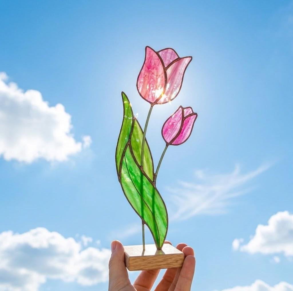 Stained Glass Tulip Flower on Stand Mother's Day Gift for Mom April Birth Flower Everlasting Floral Desk Decor Anniversary Gift