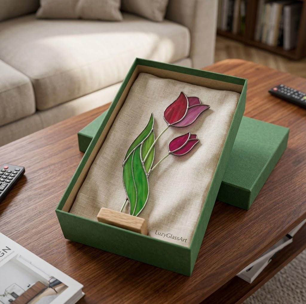Stained Glass Tulip Flower on Stand Mother's Day Gift for Mom April Birth Flower Everlasting Floral Desk Decor Anniversary Gift