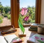 Stained Glass Tulip Flower on Stand Mother's Day Gift for Mom April Birth Flower Everlasting Floral Desk Decor Anniversary Gift