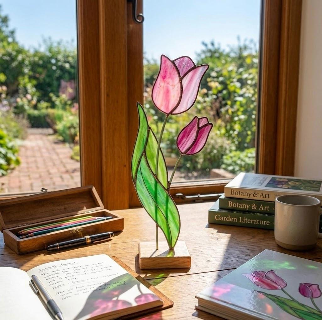 Stained Glass Tulip Flower on Stand Mother's Day Gift for Mom April Birth Flower Everlasting Floral Desk Decor Anniversary Gift