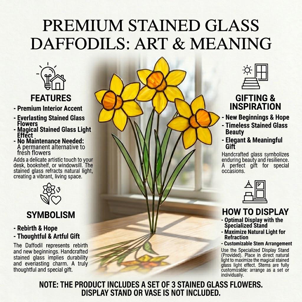 Stained Glass Daffodil Flower | Mother's Day Gift for Mom | March Birth Month | Everlasting Spring Window Decor | Birthday Gift Her
