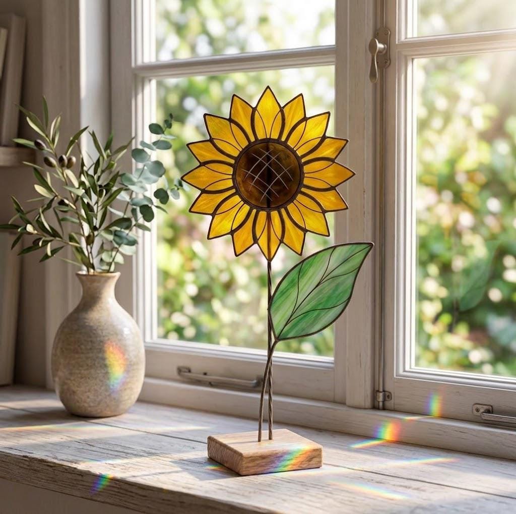 Stained Glass Sunflower on Stand July Birth Flower Mother's Day Gift for Mom Sunflower Lover Decor Birthday Gift for Her