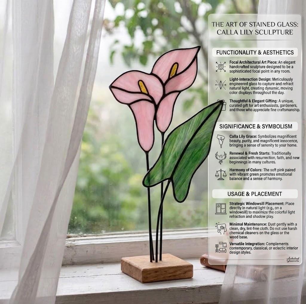 Calla Lily Stained Glass Flower 6th Anniversary Gift for Wife Mother's Day Gift Sympathy Gift Everlasting Pink Floral Decor