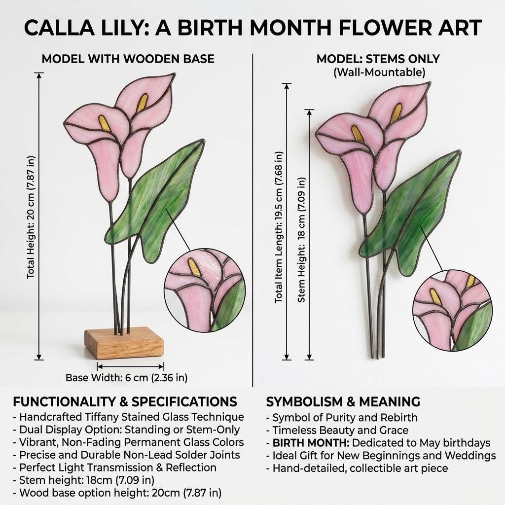Calla Lily Stained Glass Flower 6th Anniversary Gift for Wife Mother's Day Gift Sympathy Gift Everlasting Pink Floral Decor