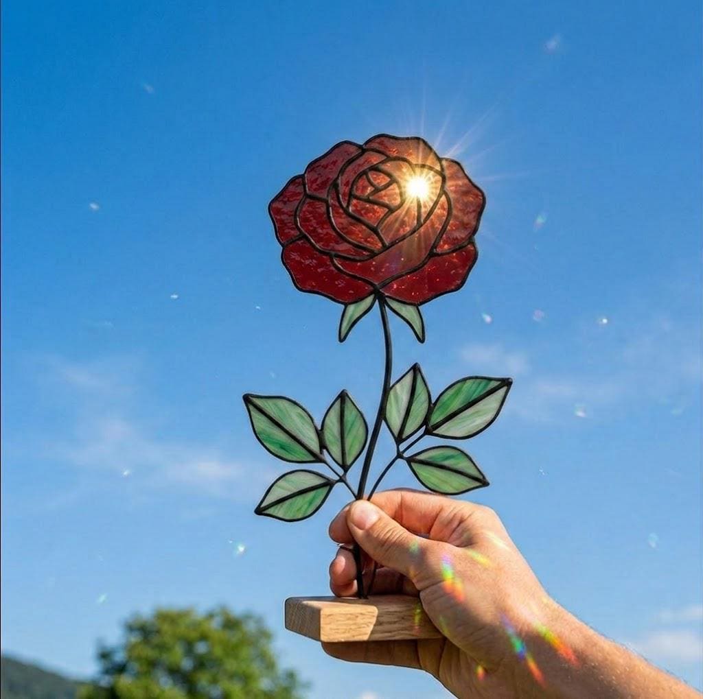 Stained Glass Rose Flower Anniversary Gift for Wife Mother's Day Gift June Birth Flower Everlasting Red Rose Desk Decor