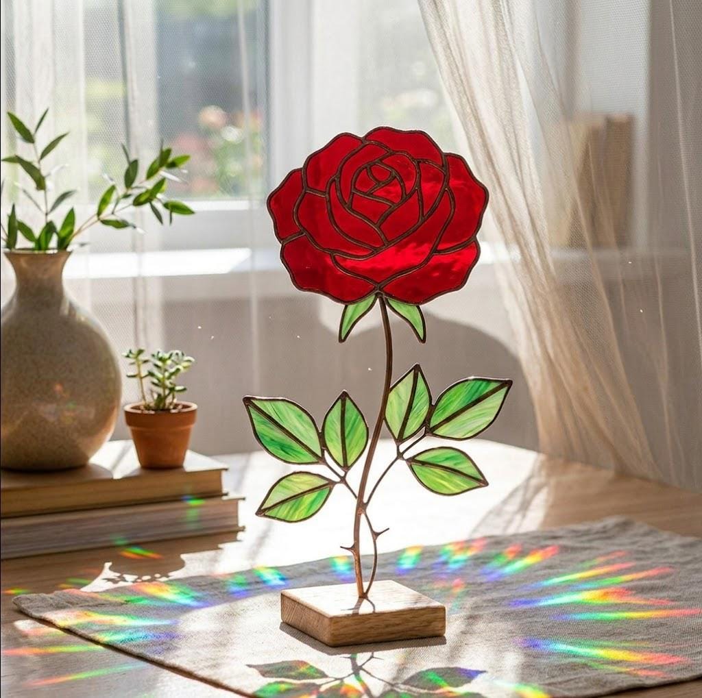Stained Glass Rose Flower Anniversary Gift for Wife Mother's Day Gift June Birth Flower Everlasting Red Rose Desk Decor