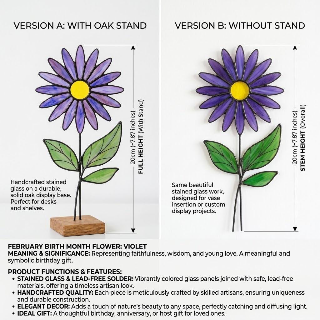 Purple Stained Glass Flower on Stand February Birth Month Mother's Day Gift for Mom Everlasting Desk Decor Birthday Gift Her
