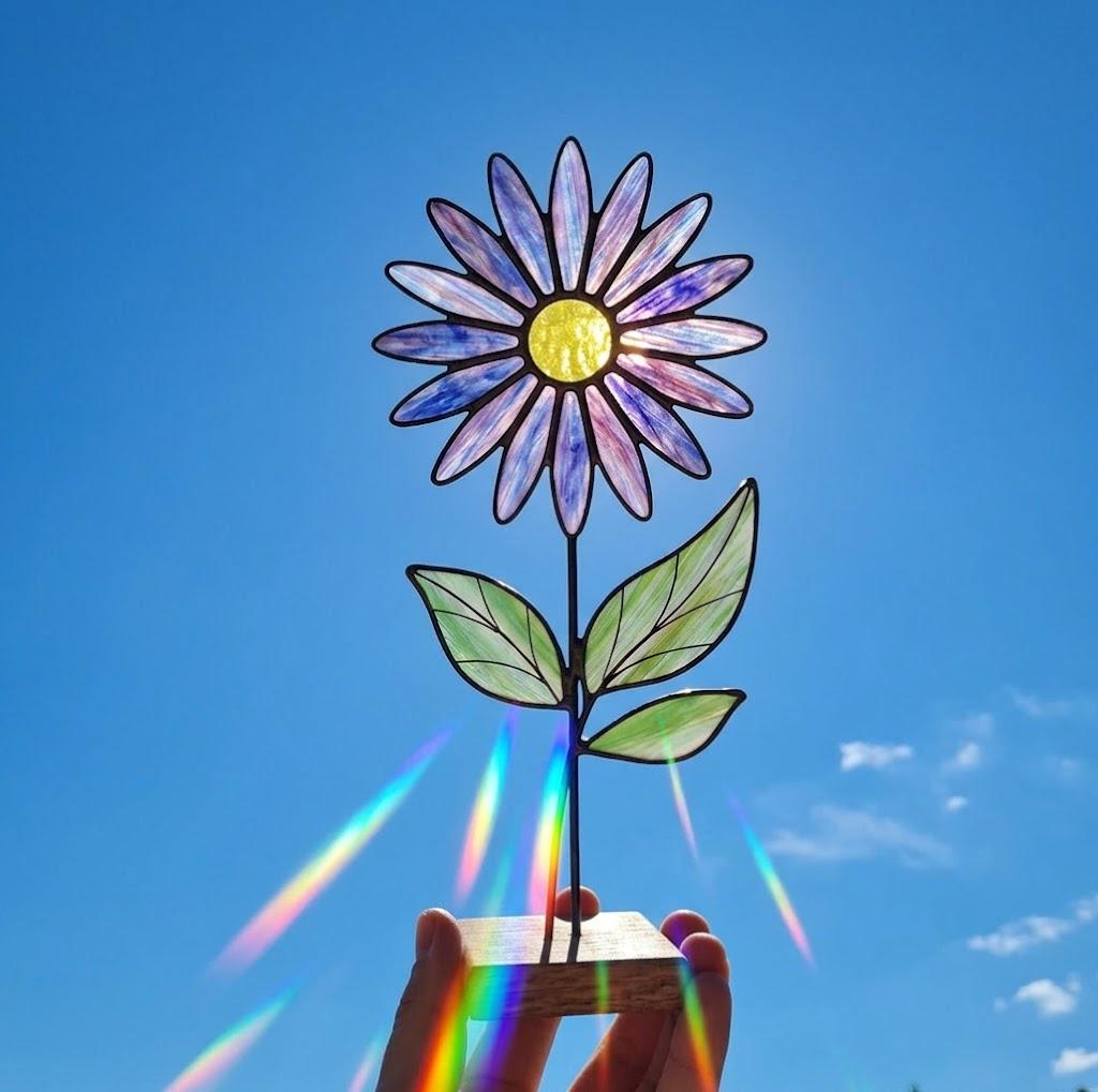 Purple Stained Glass Flower on Stand February Birth Month Mother's Day Gift for Mom Everlasting Desk Decor Birthday Gift Her