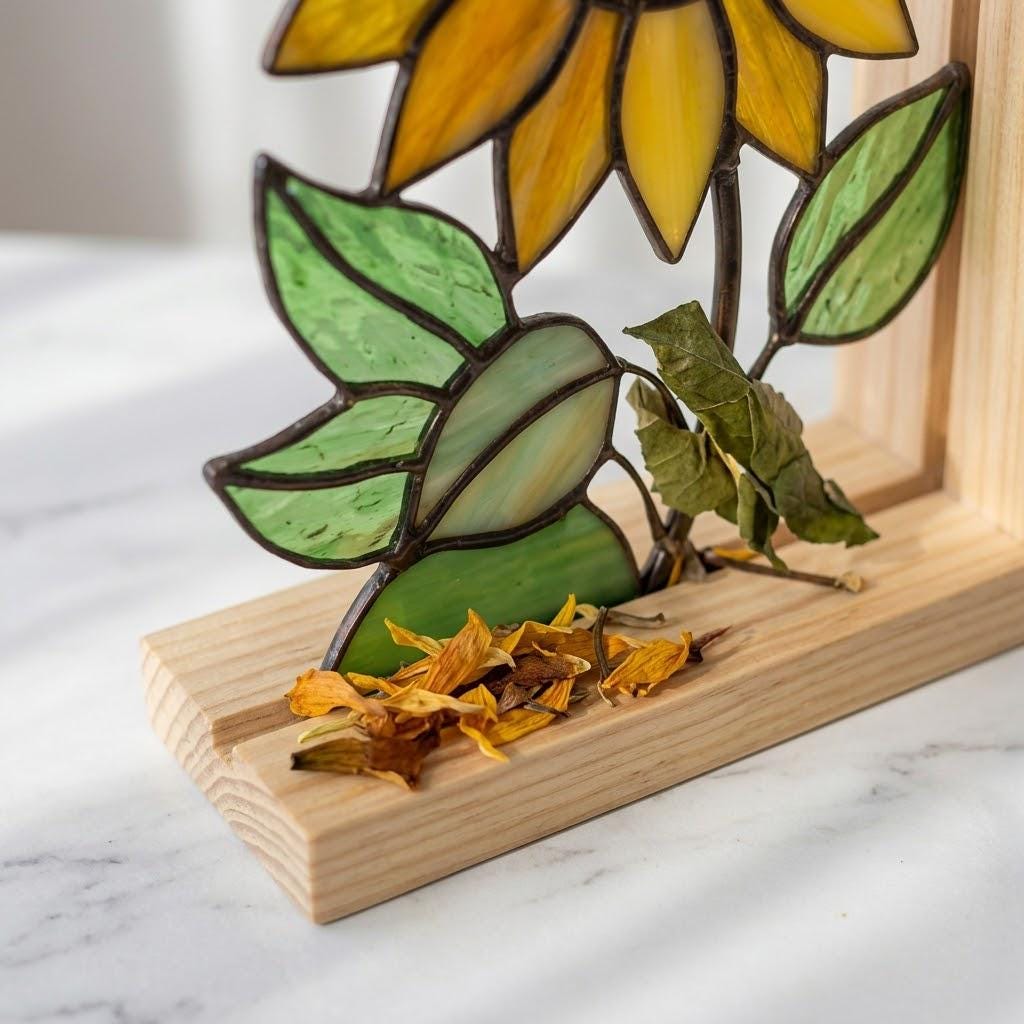 Yellow stained glass sunflower bookends with green leaves on a natural wood base holding books, catching spring sunlight on a desk.