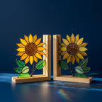 Yellow stained glass sunflower bookends with green leaves on a natural wood base holding books, catching spring sunlight on a desk.