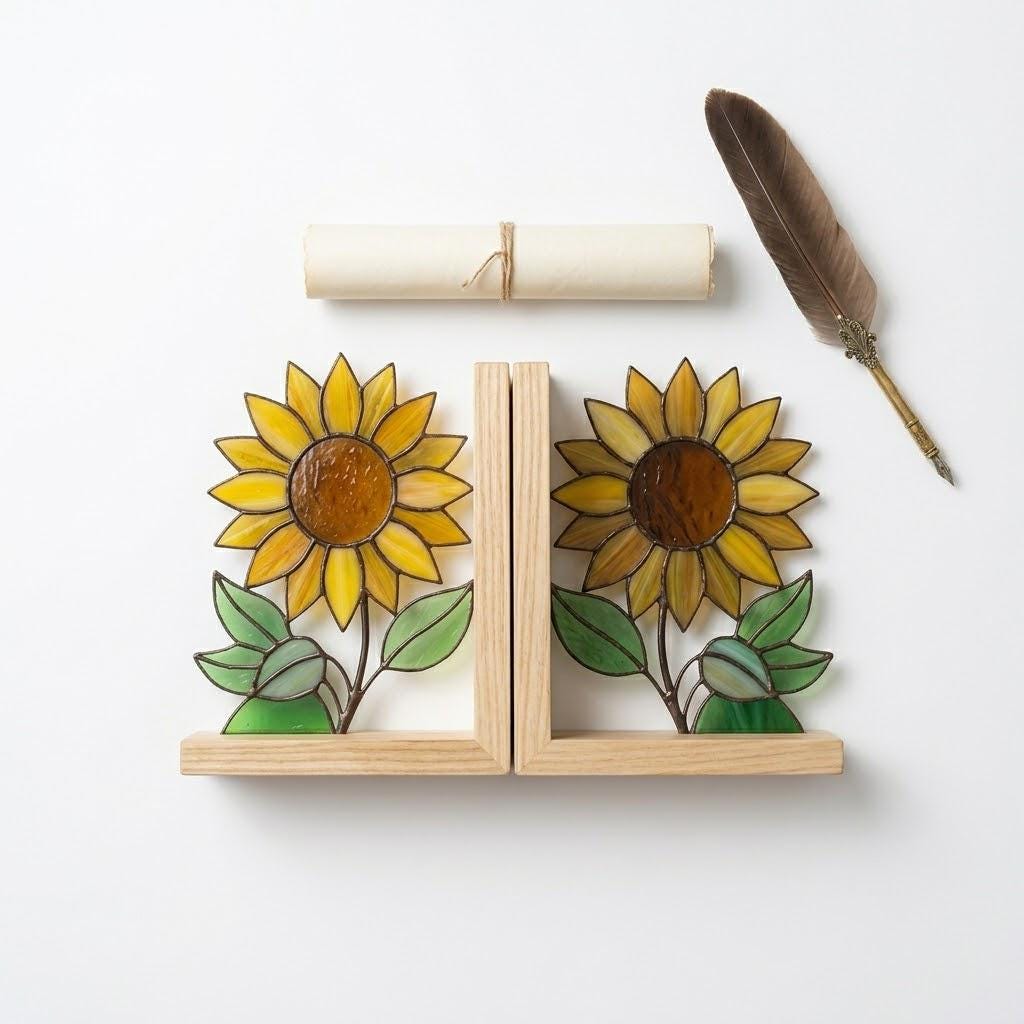Yellow stained glass sunflower bookends with green leaves on a natural wood base holding books, catching spring sunlight on a desk.
