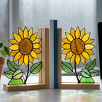 Yellow stained glass sunflower bookends with green leaves on a natural wood base holding books, catching spring sunlight on a desk.