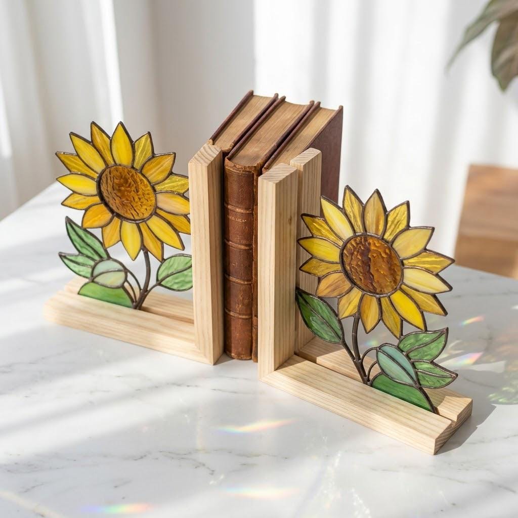 Yellow stained glass sunflower bookends with green leaves on a natural wood base holding books, catching spring sunlight on a desk.