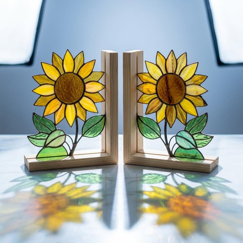 Yellow stained glass sunflower bookends with green leaves on a natural wood base holding books, catching spring sunlight on a desk.