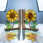 Yellow stained glass sunflower bookends with green leaves on a natural wood base holding books, catching spring sunlight on a desk.