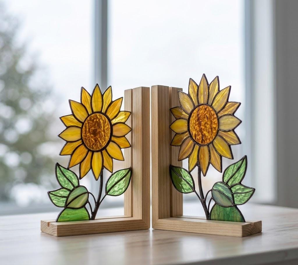 Stained Glass Sunflower Bookends, Wooden Floral Book Stand, Spring Room Decor, Mothers Day Gift for Book Lover, Teacher Appreciation