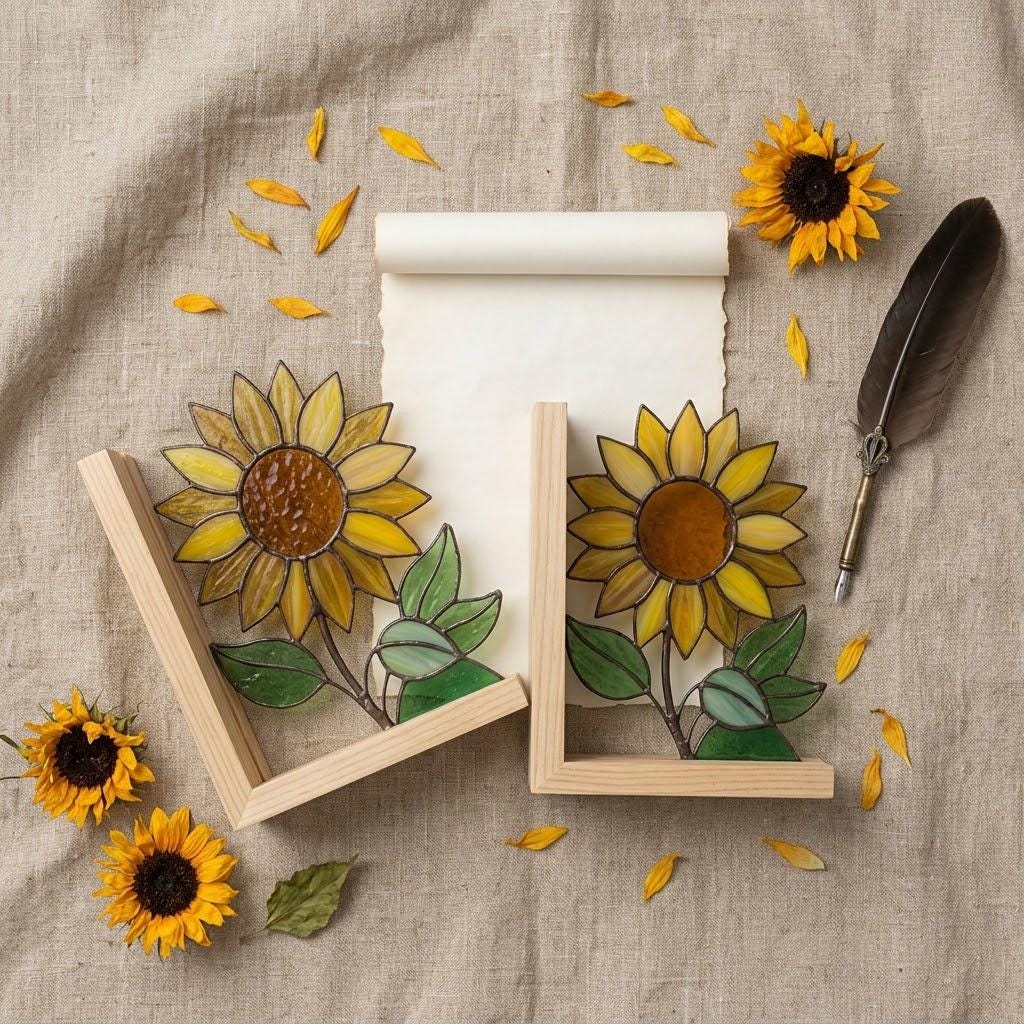 Yellow stained glass sunflower bookends with green leaves on a natural wood base holding books, catching spring sunlight on a desk.