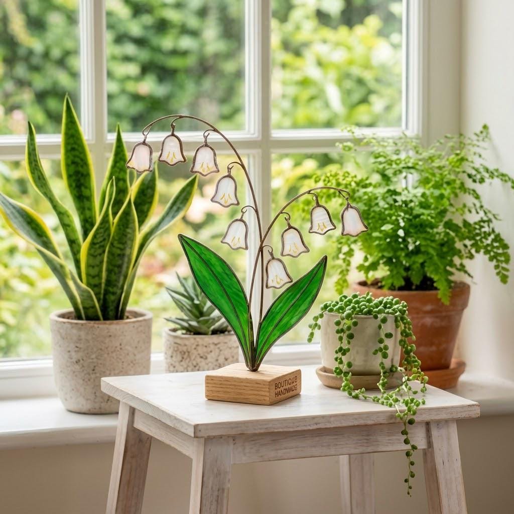 May Birth Flower Glass Art on Stand Lily of the Valley Suncatcher Cottagecore Window Sill Decor Plant Lover Gift Spring Aesthetic