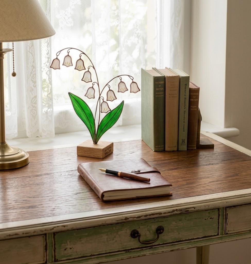 May Birth Flower Glass Art on Stand Lily of the Valley Suncatcher Cottagecore Window Sill Decor Plant Lover Gift Spring Aesthetic