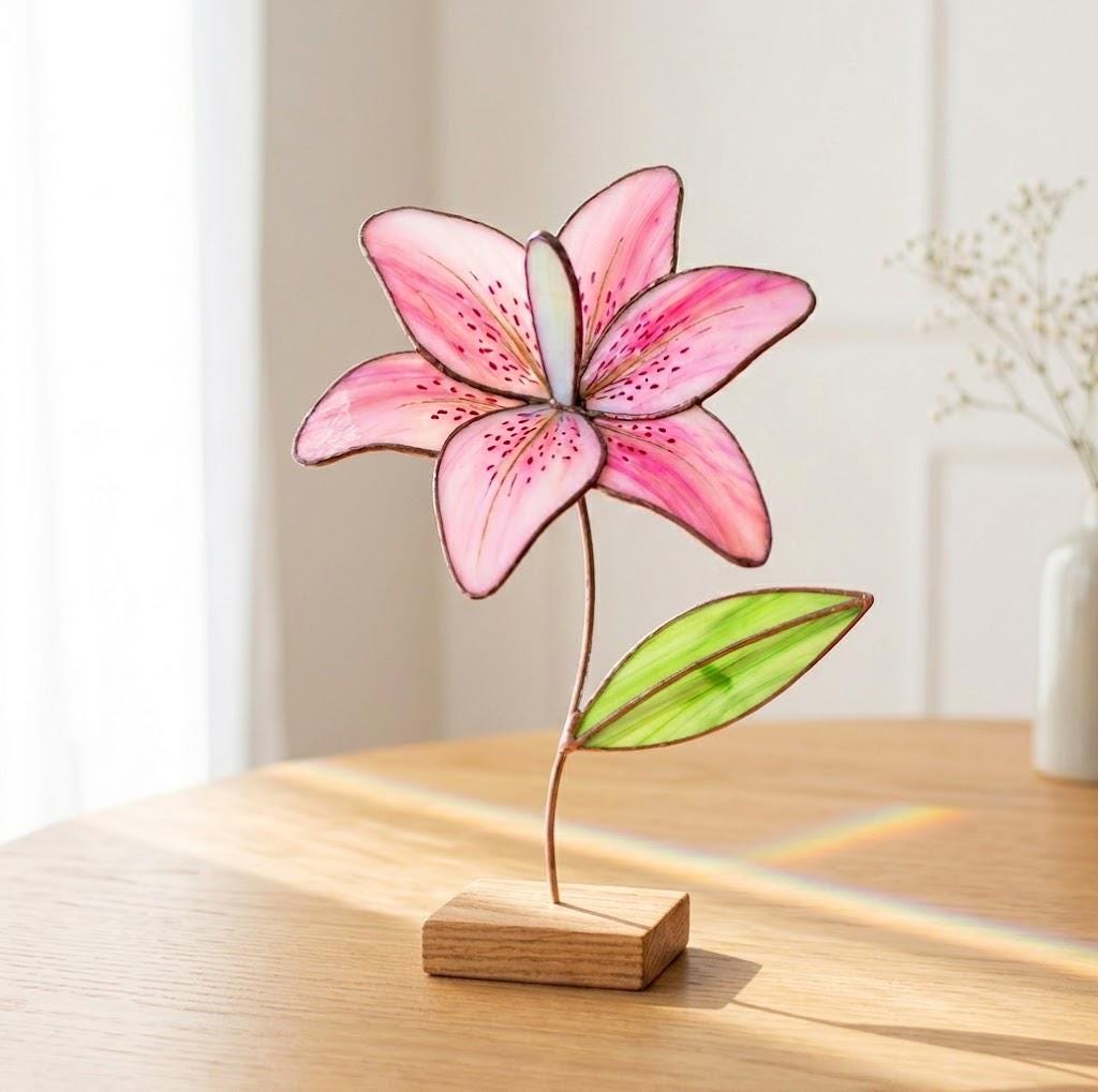 Pink Lily Stained Glass Flower Anniversary Gift for Wife Mother's Day Gift Everlasting Floral Decor May Birth Month Gift