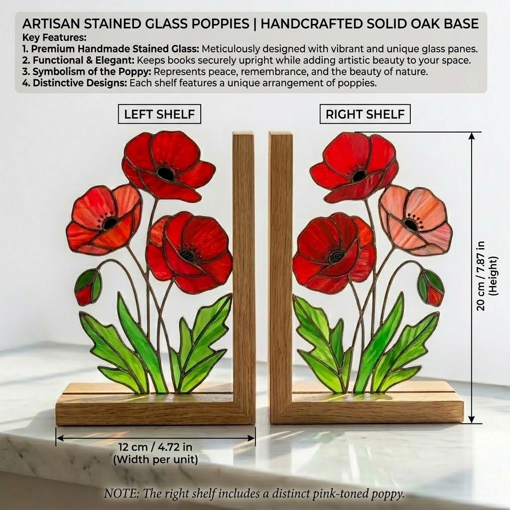 Stained Glass Poppy Bookends, Solid Oak Base | August Birth Flower Gift | Mother's Day Gift for Book Lovers, Unique Floral Tabletop Decor