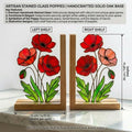 Stained Glass Poppy Bookends, Solid Oak Base | August Birth Flower Gift | Mother's Day Gift for Book Lovers, Unique Floral Tabletop Decor