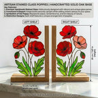 Stained Glass Poppy Bookends, Solid Oak Base | August Birth Flower Gift | Mother's Day Gift for Book Lovers, Unique Floral Tabletop Decor