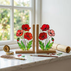 Stained Glass Poppy Bookends, Solid Oak Base | August Birth Flower Gift | Mother's Day Gift for Book Lovers, Unique Floral Tabletop Decor