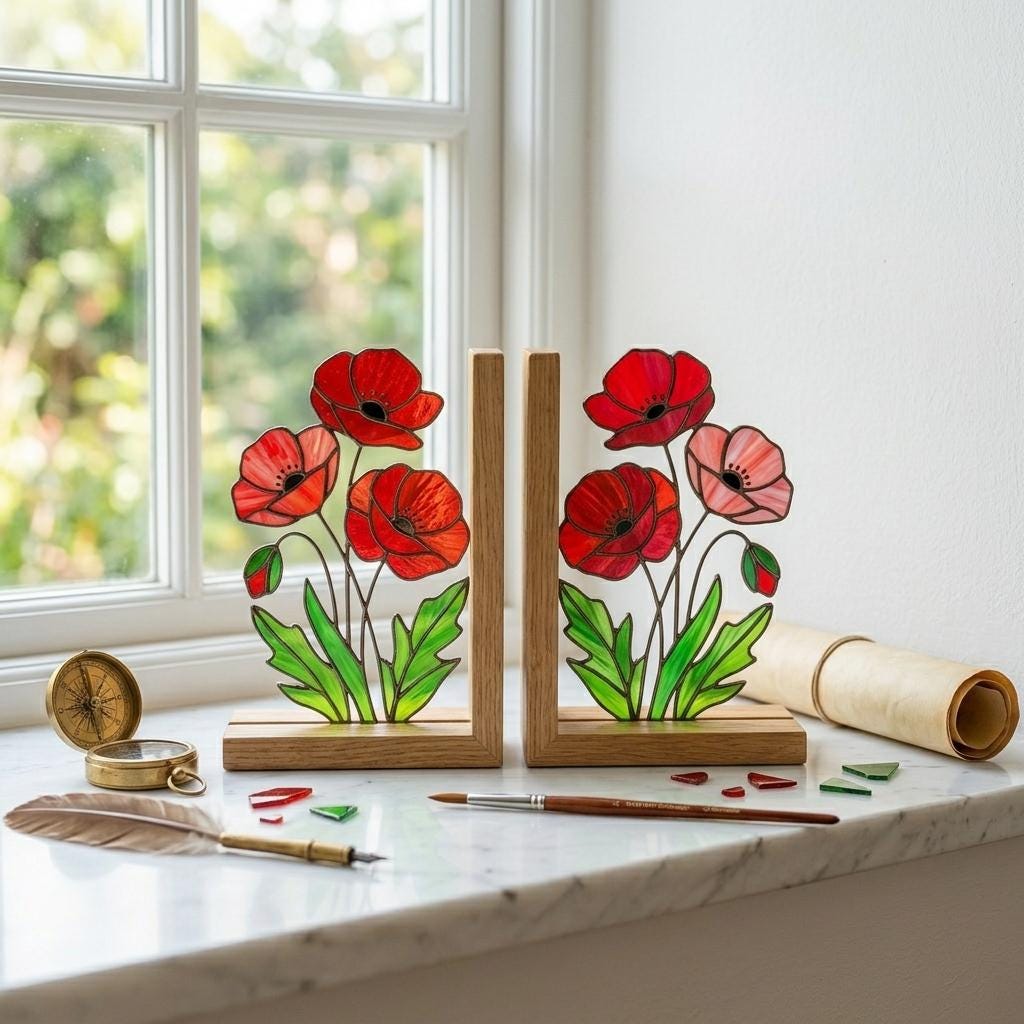 Stained Glass Poppy Bookends, Solid Oak Base | August Birth Flower Gift | Mother's Day Gift for Book Lovers, Unique Floral Tabletop Decor