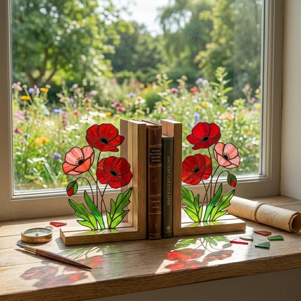 Stained Glass Poppy Bookends, Solid Oak Base | August Birth Flower Gift | Mother's Day Gift for Book Lovers, Unique Floral Tabletop Decor