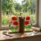 Stained Glass Poppy Bookends, Solid Oak Base | August Birth Flower Gift | Mother's Day Gift for Book Lovers, Unique Floral Tabletop Decor
