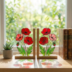 Stained Glass Poppy Bookends, Solid Oak Base | August Birth Flower Gift | Mother's Day Gift for Book Lovers, Unique Floral Tabletop Decor