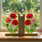 Stained Glass Poppy Bookends, Solid Oak Base | August Birth Flower Gift | Mother's Day Gift for Book Lovers, Unique Floral Tabletop Decor