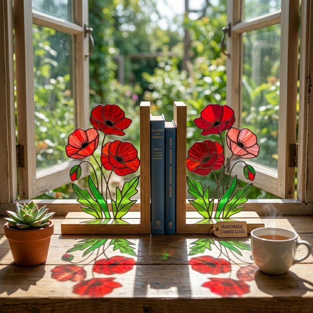 Stained Glass Poppy Bookends, Solid Oak Base | August Birth Flower Gift | Mother's Day Gift for Book Lovers, Unique Floral Tabletop Decor
