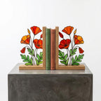 California Poppy Stained Glass Bookends, Solid Oak Base August Birth Flower Gift Handmade Suncatcher, Unique Floral Decor for Book Lovers