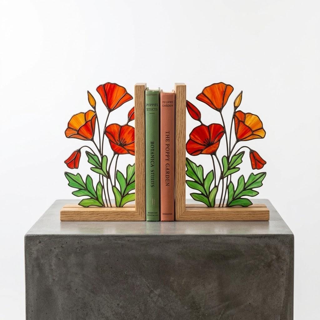 California Poppy Stained Glass Bookends, Solid Oak Base August Birth Flower Gift Handmade Suncatcher, Unique Floral Decor for Book Lovers
