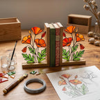 California Poppy Stained Glass Bookends, Solid Oak Base August Birth Flower Gift Handmade Suncatcher, Unique Floral Decor for Book Lovers
