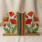 California Poppy Stained Glass Bookends, Solid Oak Base August Birth Flower Gift Handmade Suncatcher, Unique Floral Decor for Book Lovers
