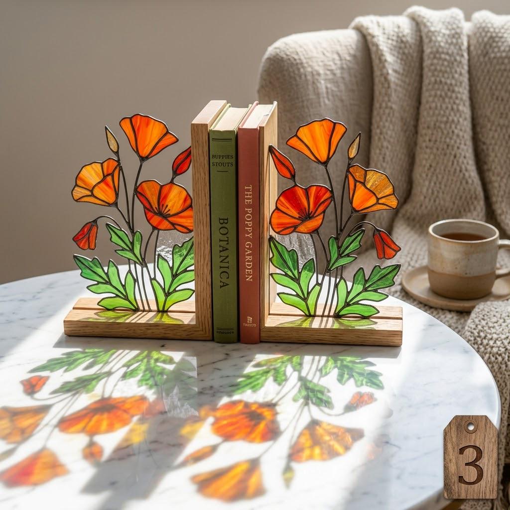 California Poppy Stained Glass Bookends, Solid Oak Base August Birth Flower Gift Handmade Suncatcher, Unique Floral Decor for Book Lovers
