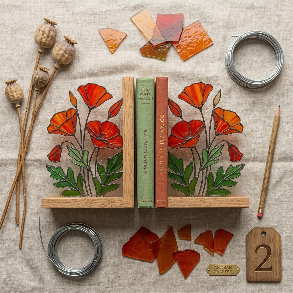 California Poppy Stained Glass Bookends, Solid Oak Base August Birth Flower Gift Handmade Suncatcher, Unique Floral Decor for Book Lovers