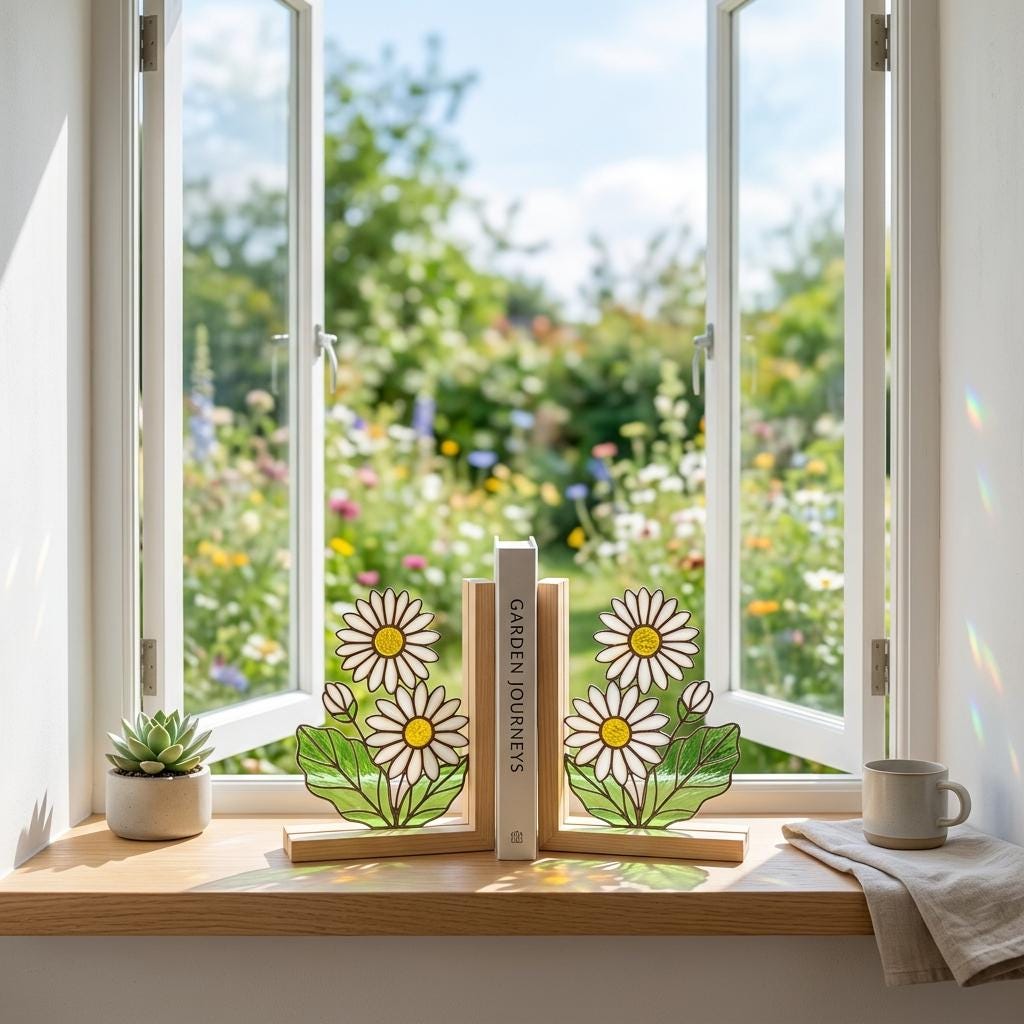White Daisy Stained Glass Bookends, Natural Pine Wood Base April Birth Flower Gift Handmade Flower Suncatcher, Nursery Decor, Book Gift