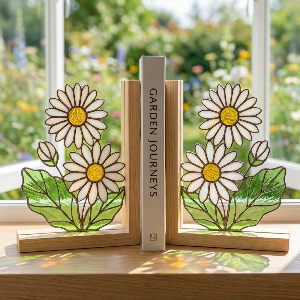White Daisy Stained Glass Bookends, Natural Pine Wood Base April Birth Flower Gift Handmade Flower Suncatcher, Nursery Decor, Book Gift
