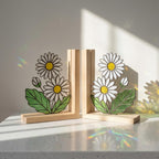 White Daisy Stained Glass Bookends, Natural Pine Wood Base April Birth Flower Gift Handmade Flower Suncatcher, Nursery Decor, Book Gift