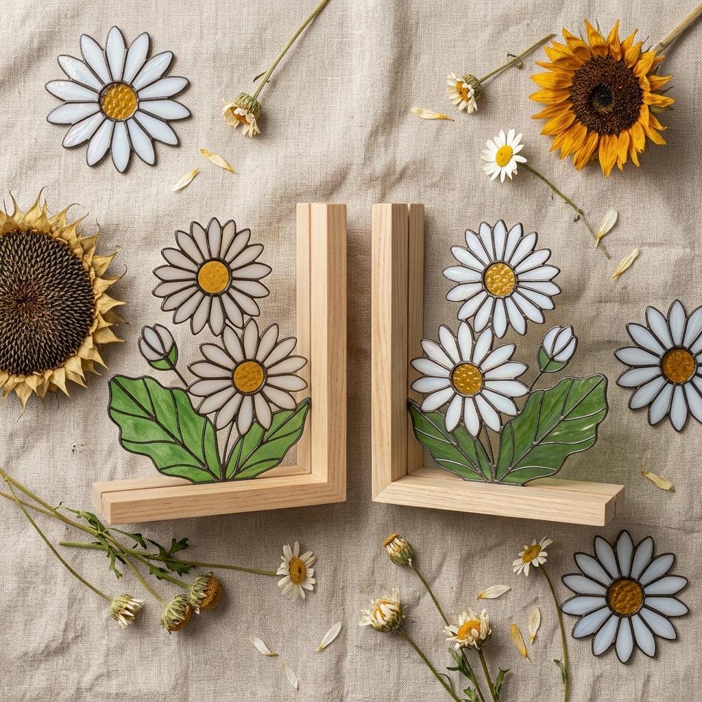 White Daisy Stained Glass Bookends, Natural Pine Wood Base April Birth Flower Gift Handmade Flower Suncatcher, Nursery Decor, Book Gift
