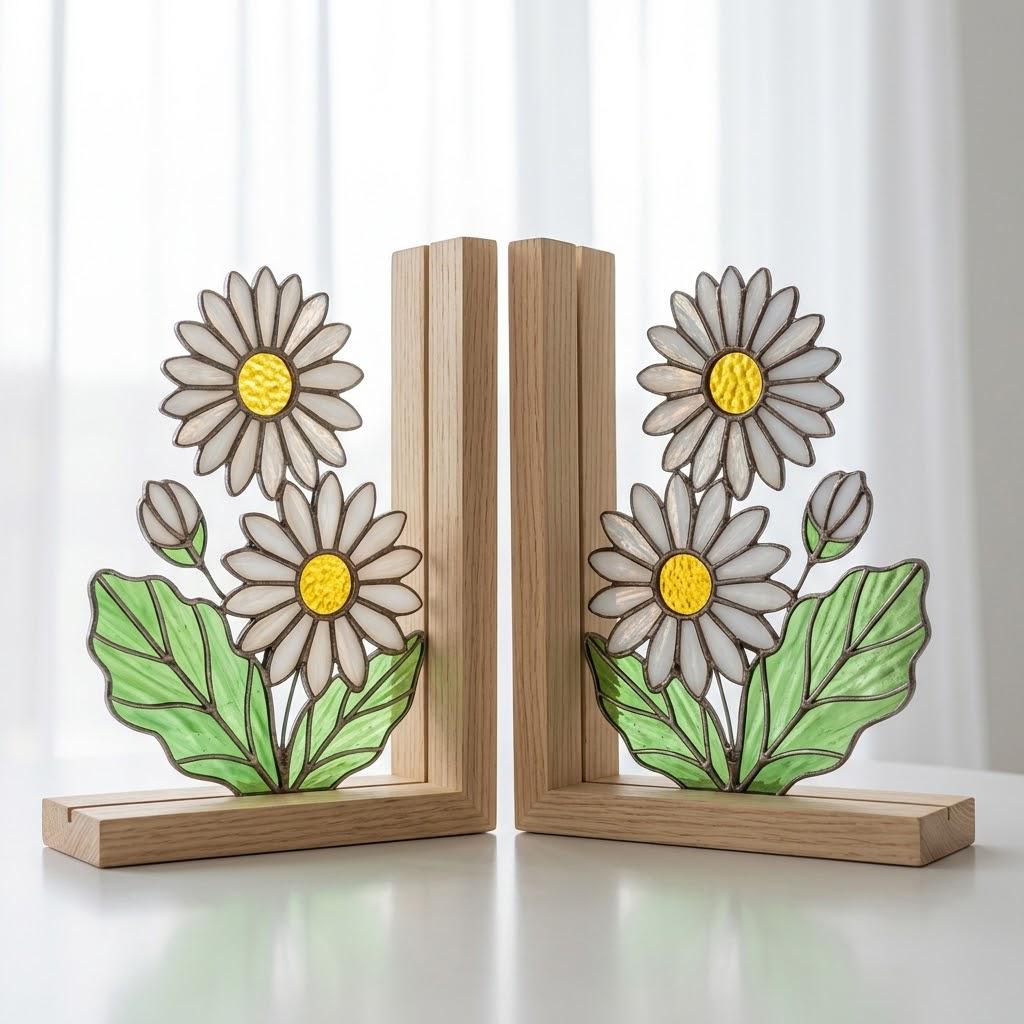 White Daisy Stained Glass Bookends, Natural Pine Wood Base April Birth Flower Gift Handmade Flower Suncatcher, Nursery Decor, Book Gift