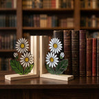White Daisy Stained Glass Bookends, Natural Pine Wood Base April Birth Flower Gift Handmade Flower Suncatcher, Nursery Decor, Book Gift